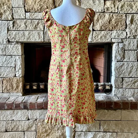 VTG D.B.Y. Mini Dress Yellow Pink Floral Ruffle Bow Accent Size 13/14 - Picture 2 of 8